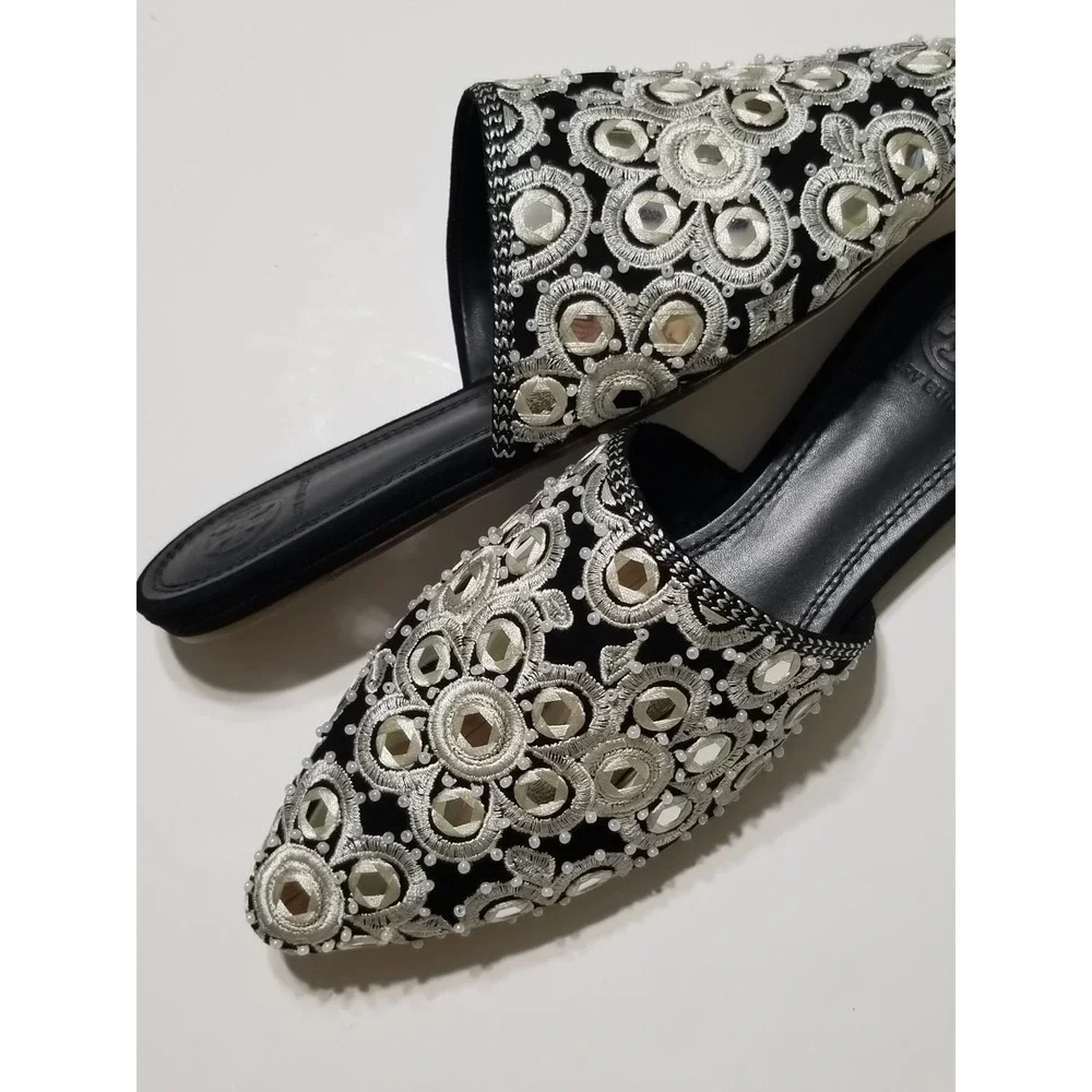 Tory Burch Elora Slide Black Suede Mirror Embroidery Flat Mule Slipper 6 $378